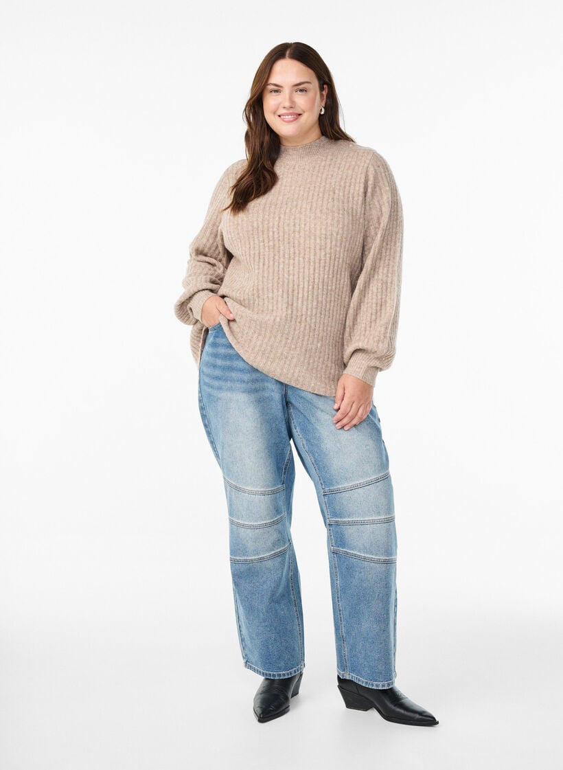 Pull c&ocirc;tel&eacute; &agrave; manches bouffantes et boutons, Beige, Model image number 1