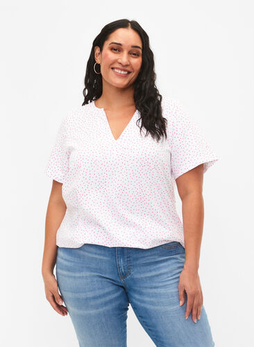 T-shirt en coton avec des points et un col en V, B.White/S. Pink Dot, Model image number 0