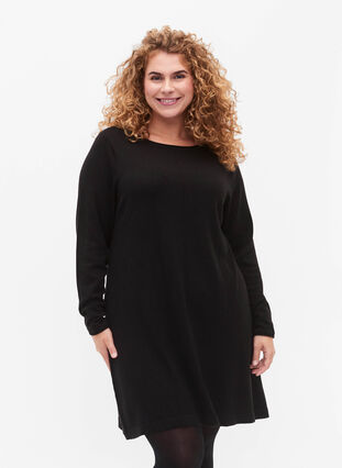 Gebreide jurk in katoen-viscose blend, Black Mel., Model image number 0