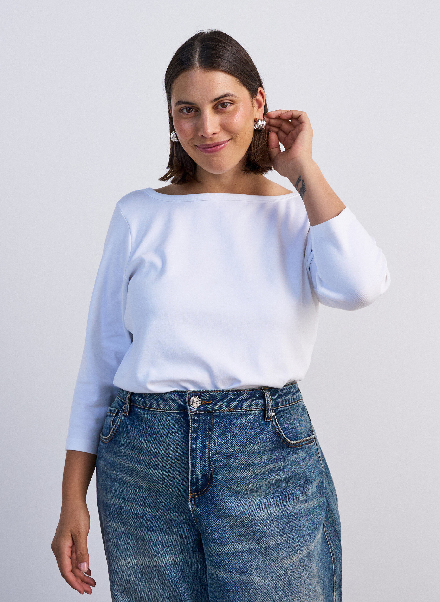 ZizziBasic T-shirt met boothals en 3/4-mouwen, Wit, Model image number 0