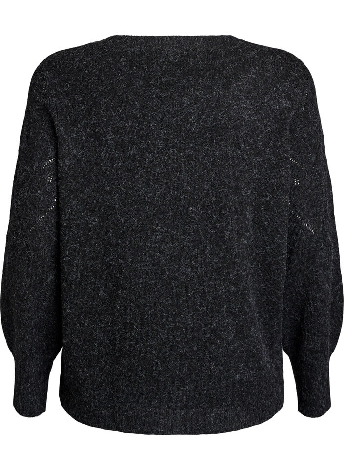 Haut en maille à motif ajouré et manches ballon, Gris anthracite, Packshot image number 1