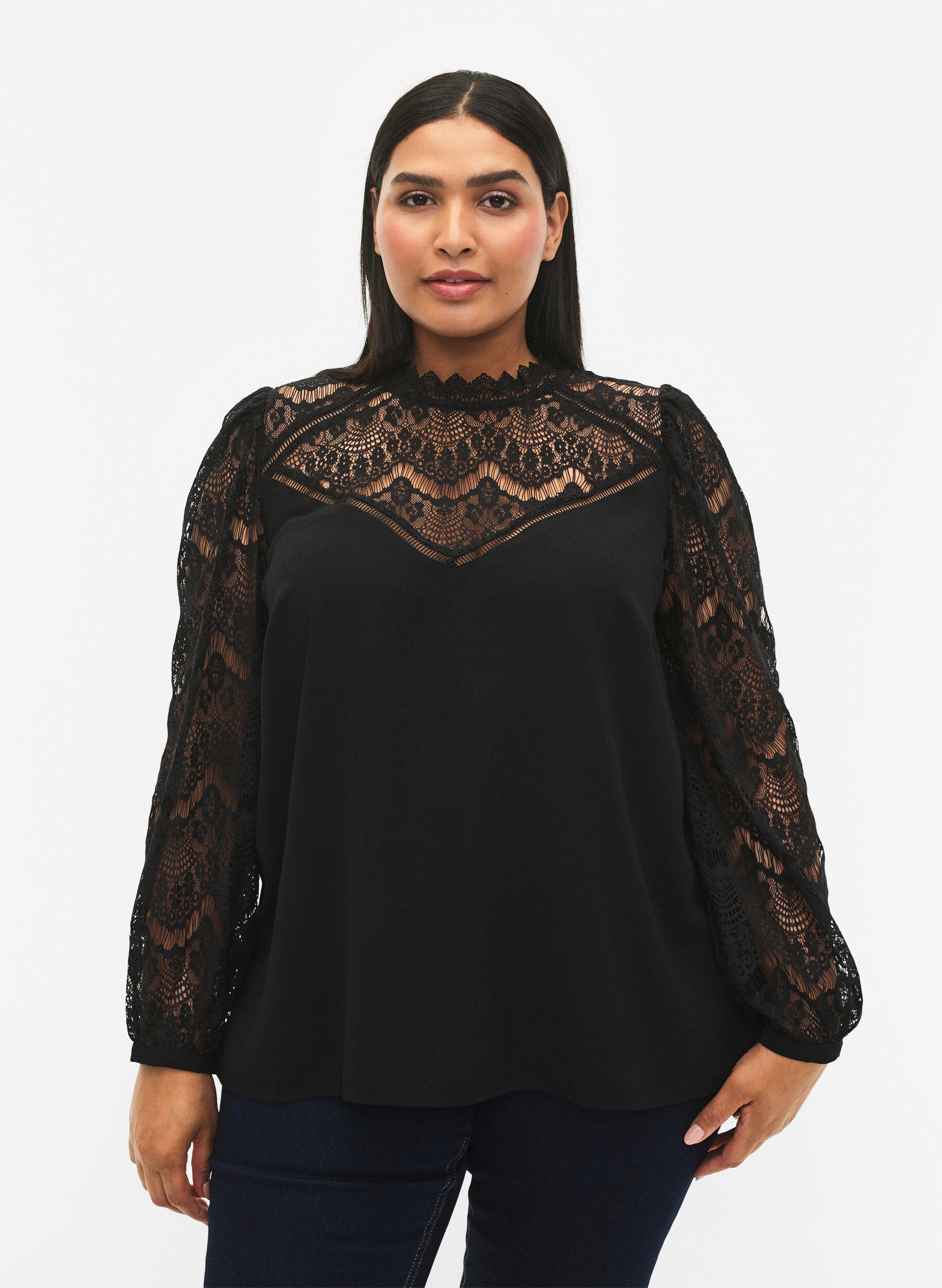 ZizziBlouse met lange mouwen en kant, Black, Model image number 0