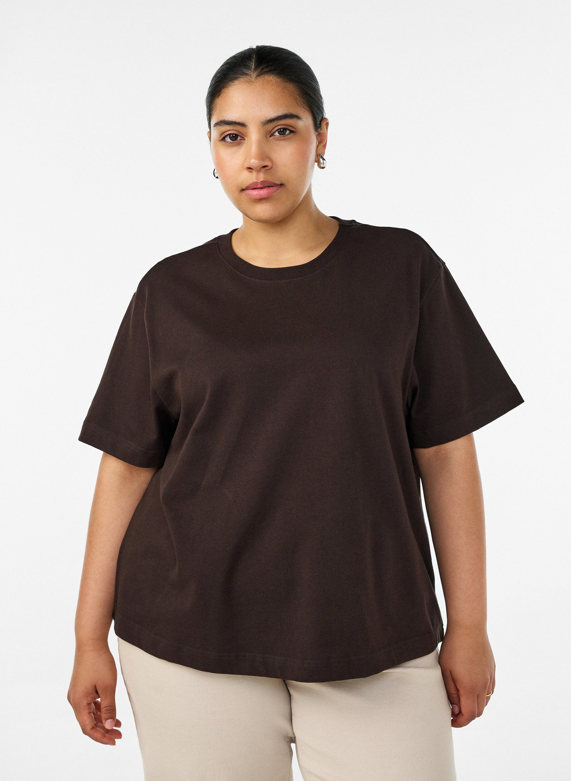 ZizziT-shirt coupe boxy en coton, Marron, Model image number 0