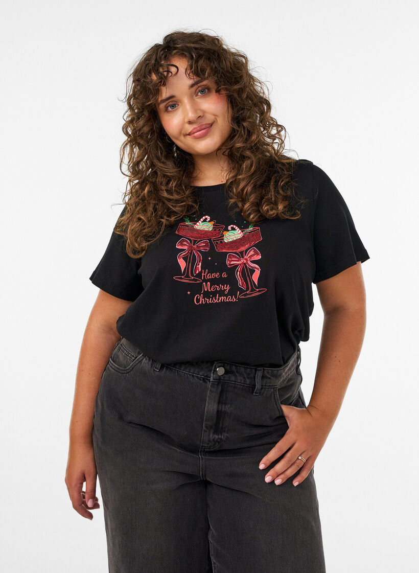 T-shirt de No&euml;l en coton bio, Noir, Model image number 0