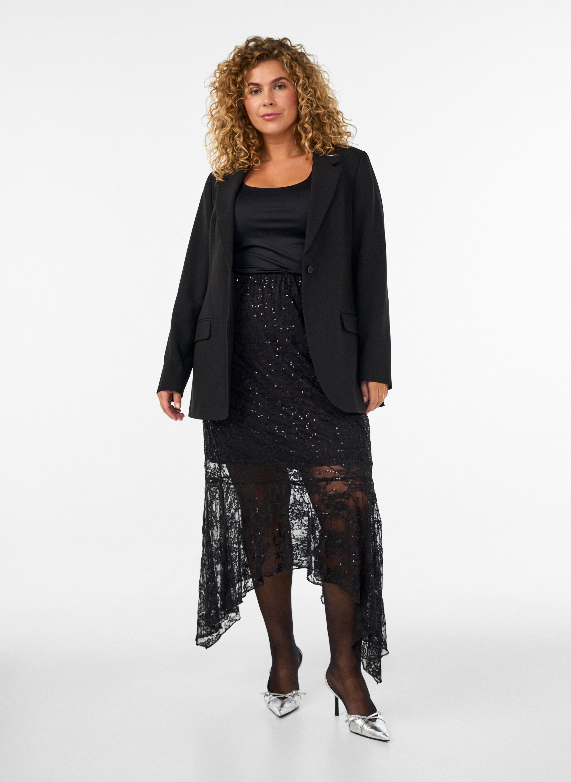 ZizziJupe midi en dentelle avec sequins, Noir, Model image number 1