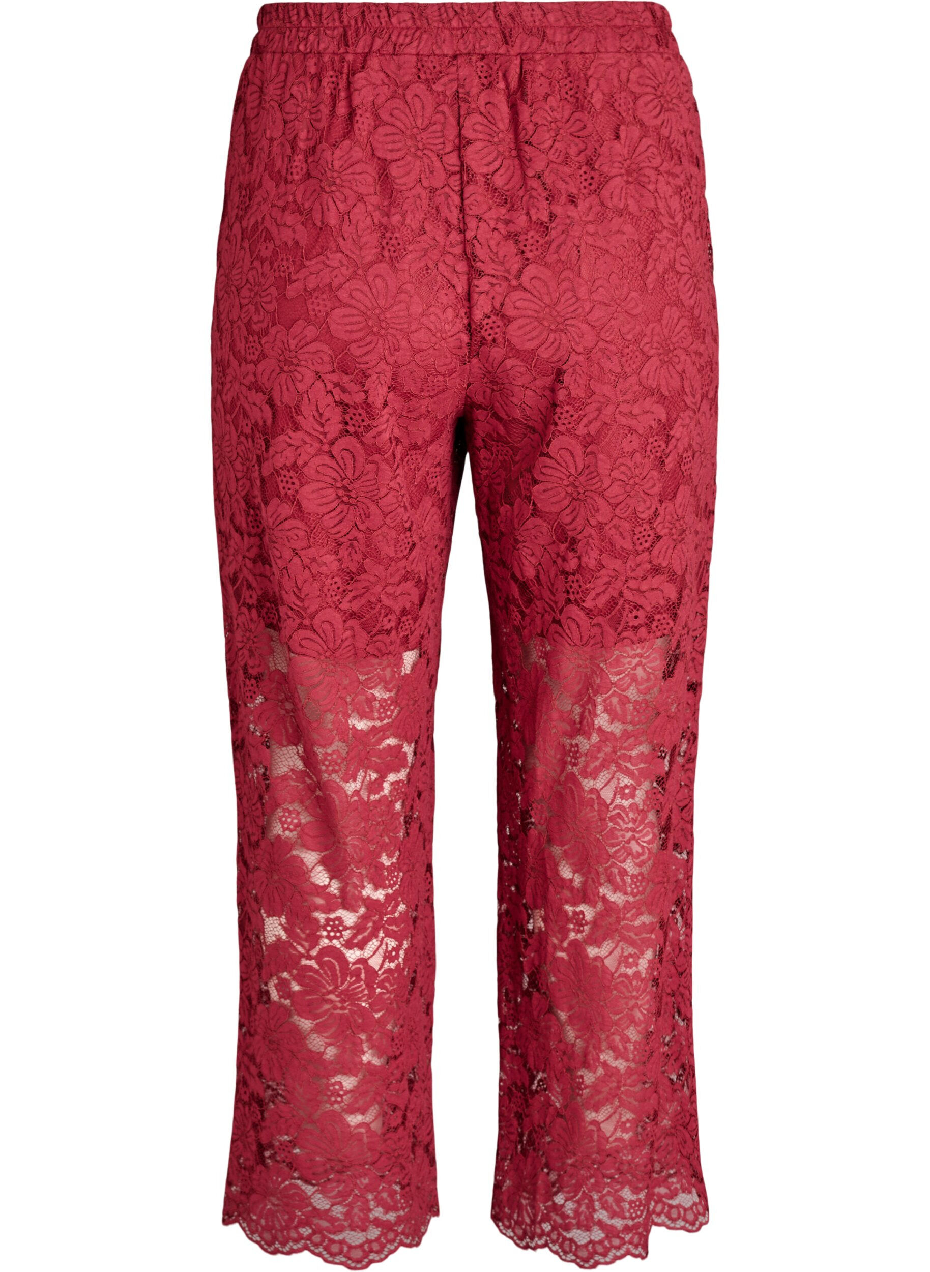 ZizziKanten broek met hoge taille en zakken, Donker Bordeaux, Packshot image number 1