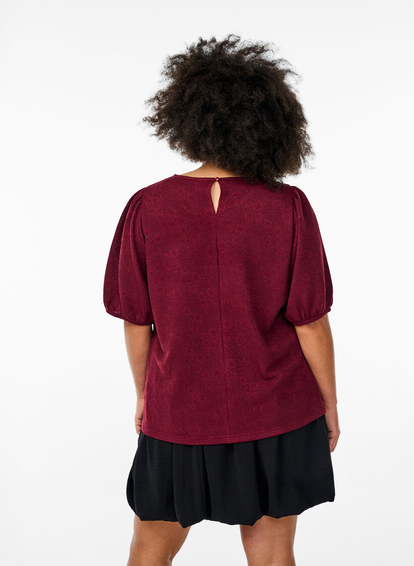 Gestructureerde blouse met korte mouwen, Donker Bordeaux, Model image number 2