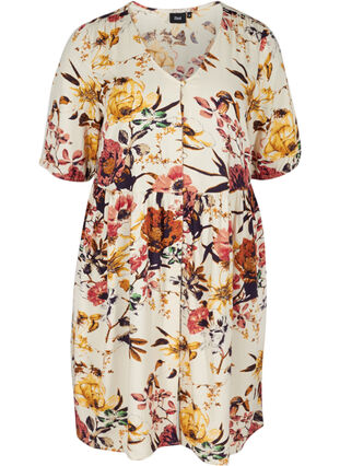 Viscose midi-jurk met bloemenprint , Beige Flower AOP, Packshot image number 0