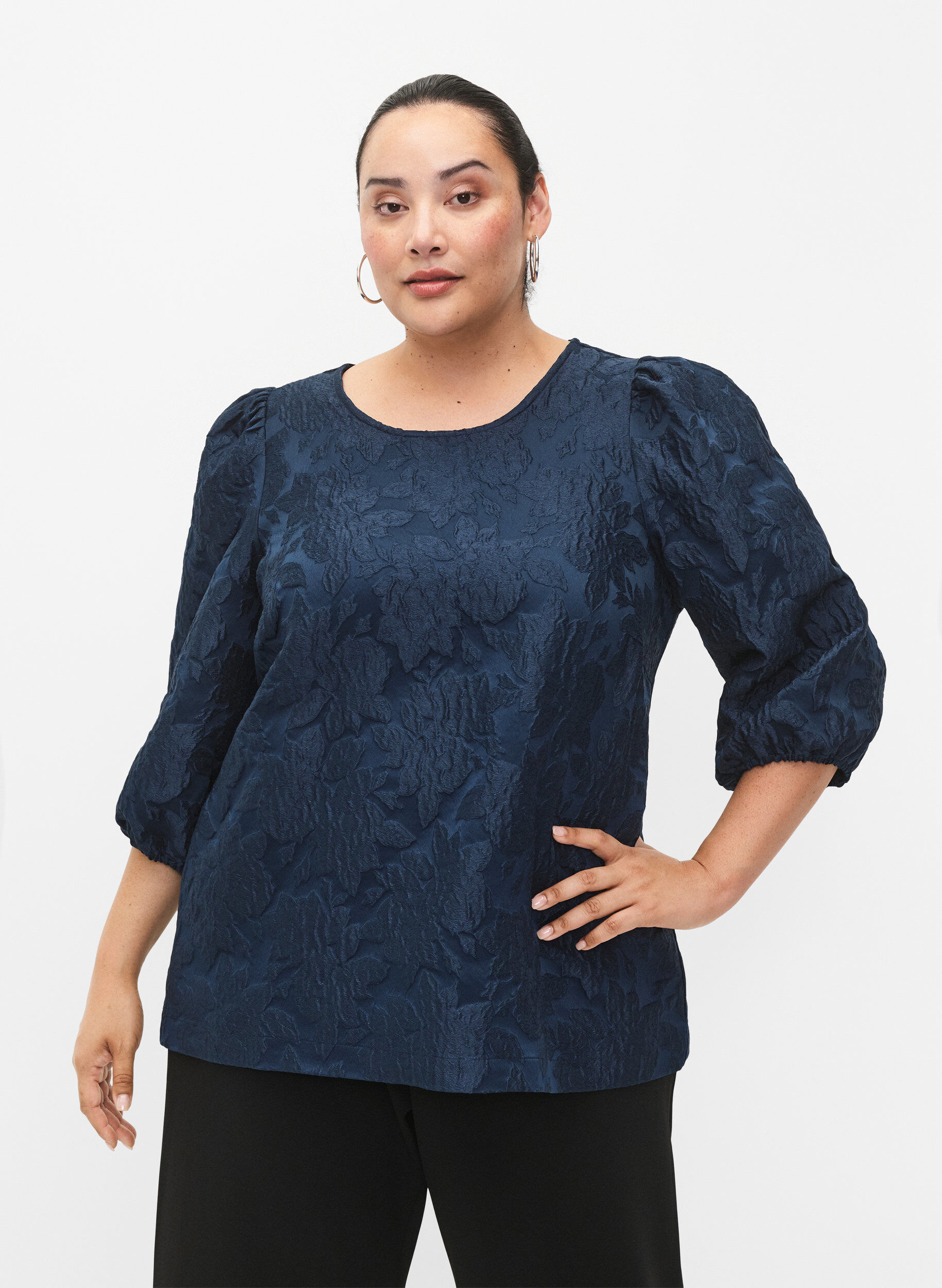 Zizzi Blouse jacquard avec manches 3/4, Titan, Model image number 0