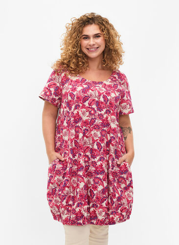 Bedrukte katoenen jurk met korte mouw, Raspberry S. Paisley, Model image number 0