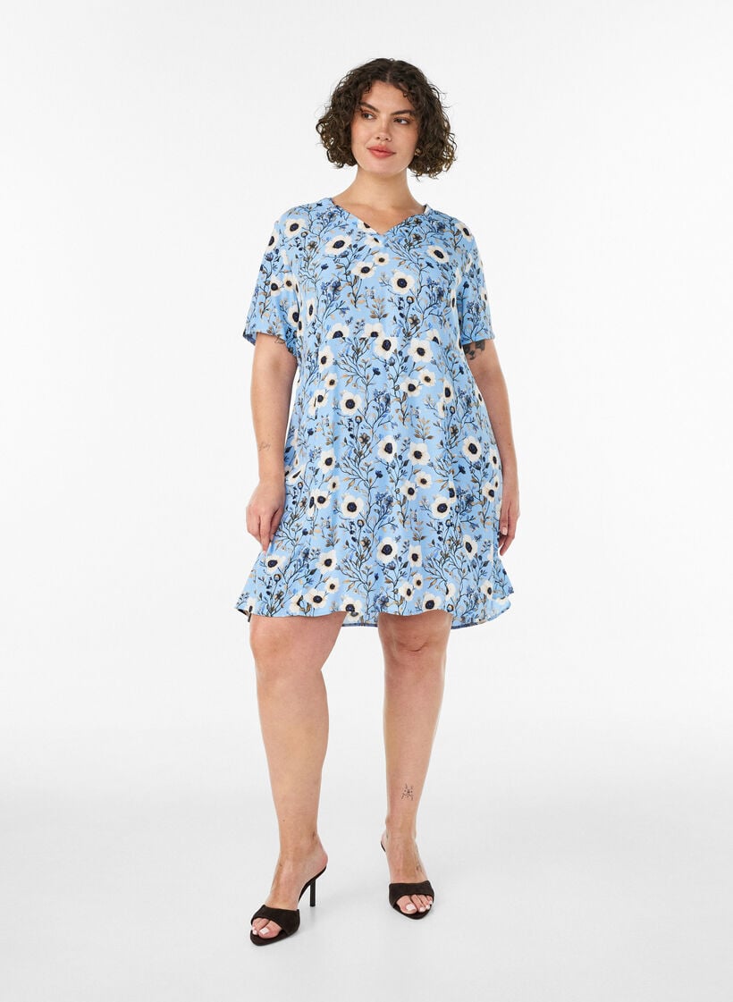 Robe courte avec imprim&eacute; floral, Bleu, Model image number 1