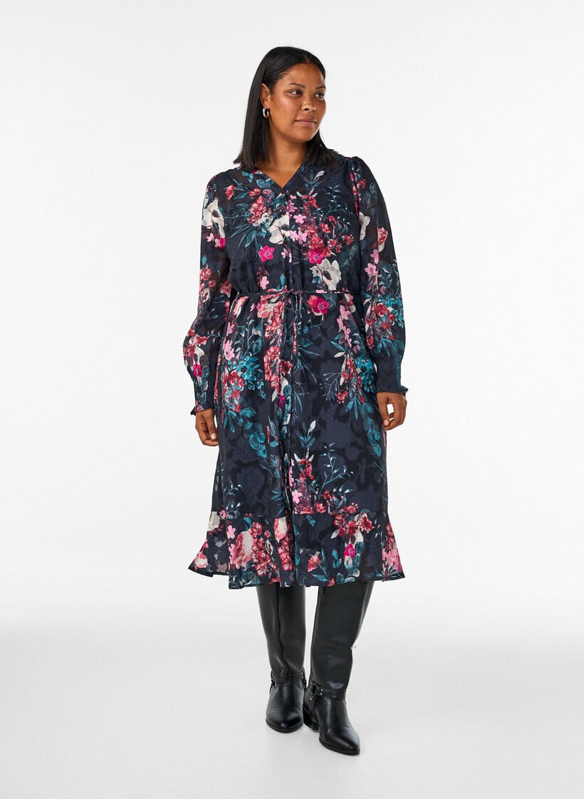 Bloemen midi-jurk met geweven textuur en strikceintuur, Zwart, Model image number 0