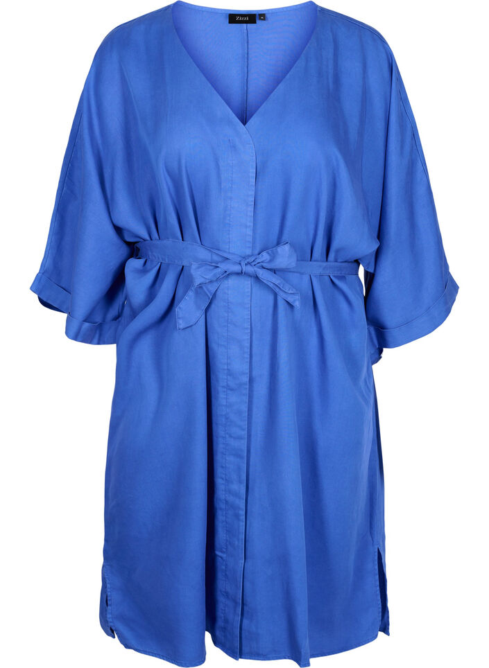 Jurk met 3/4 mouwen en striksluiting, Blauw, Packshot image number 0