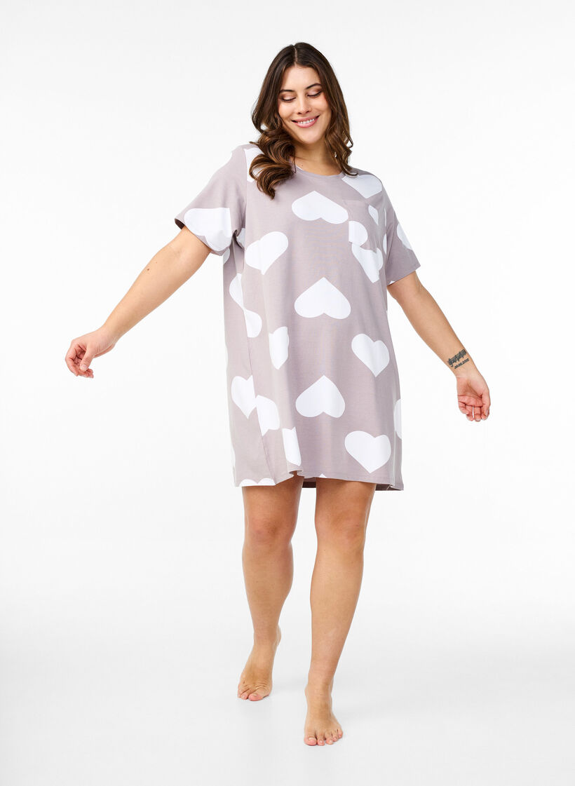 Long tee-shirt de nuit en mélange de modal et avec des coeurs, Gris, Model image number 1