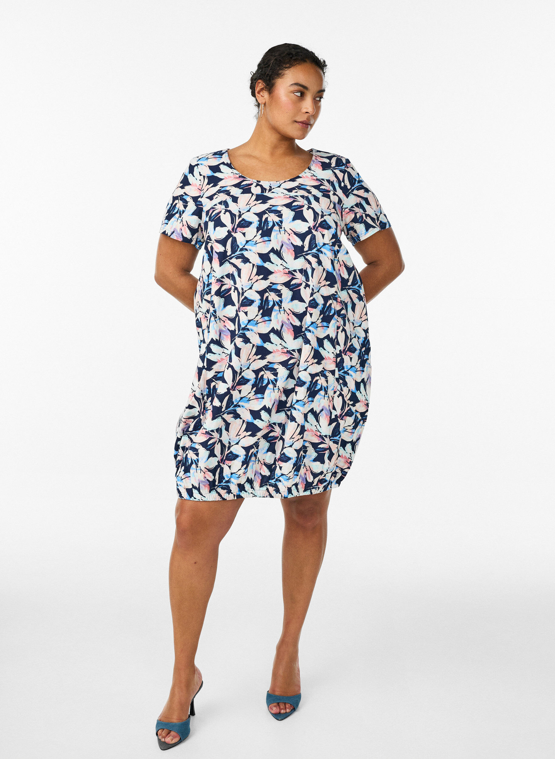 ZizziKatoenen jurk met korte mouwen en print, Blauw, Model image number 1