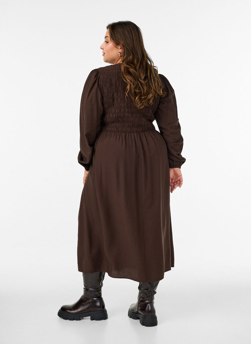 Midi-jurk van viscose met smockwerk, Bruin, Model image number 2