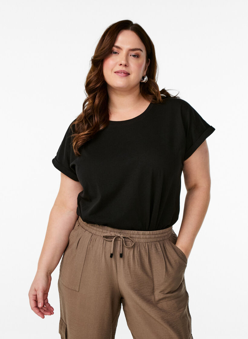 T-shirt met korte mouwen in een katoenmix, Zwart, Model image number 0