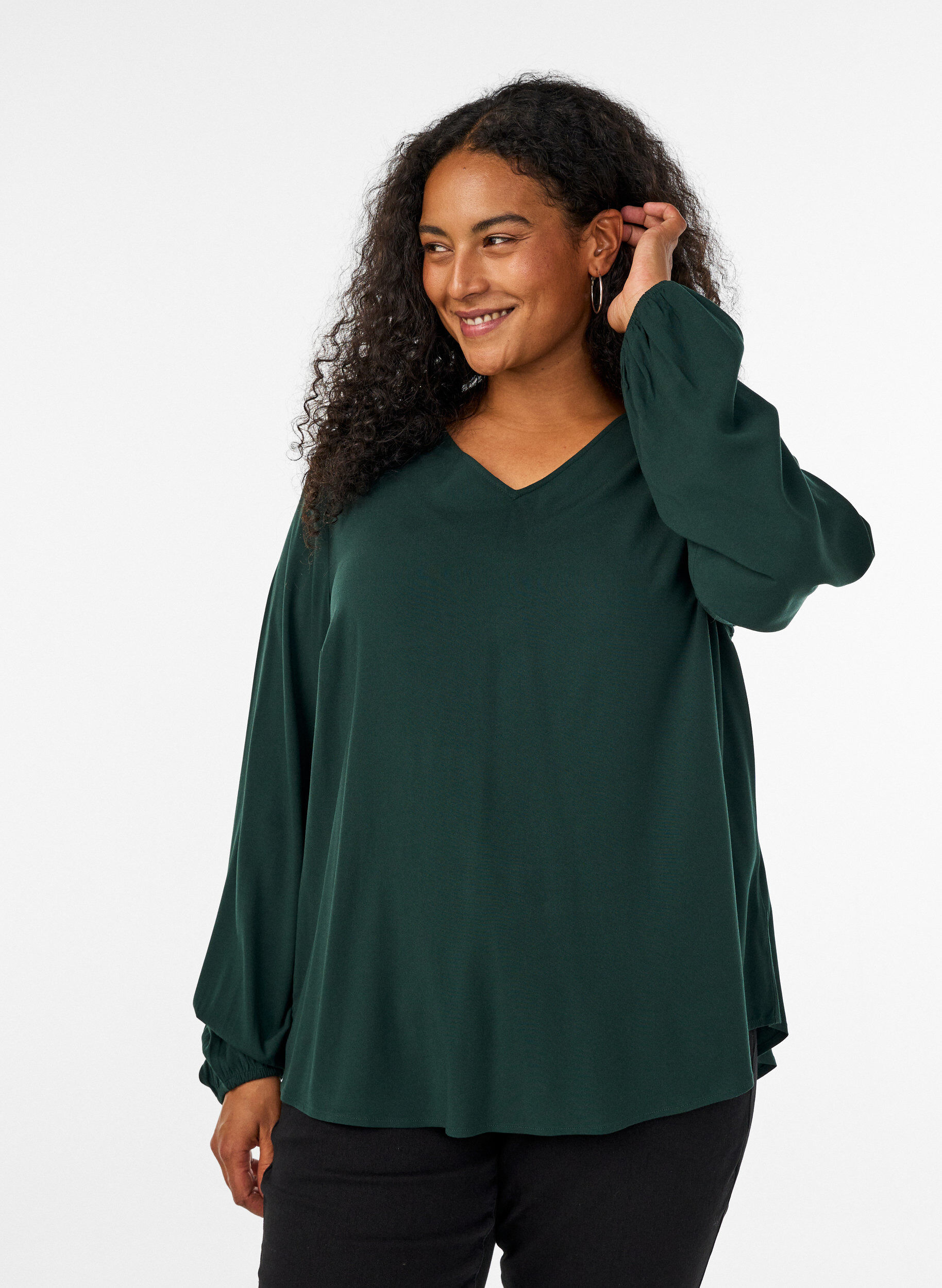ZizziViscose blouse met V-hals en afgeronde zoom, Groen, Model image number 0