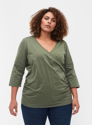 Katoenen blouse met 3/4 mouwen en wikkel, Thyme, Model image number 0