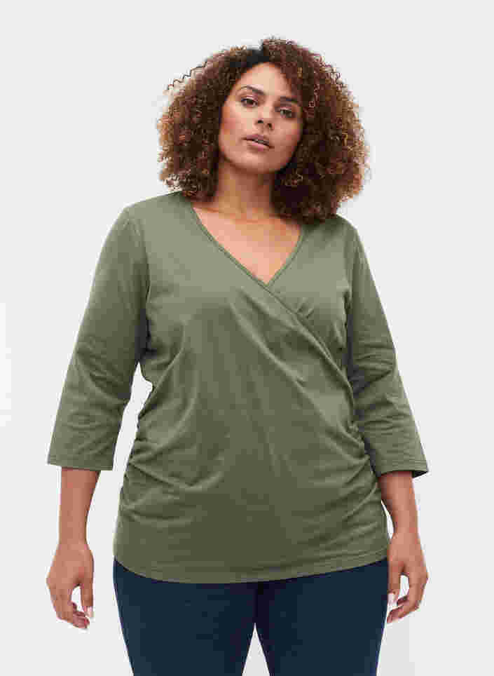 Katoenen blouse met 3/4 mouwen en wikkel, Thyme, Model