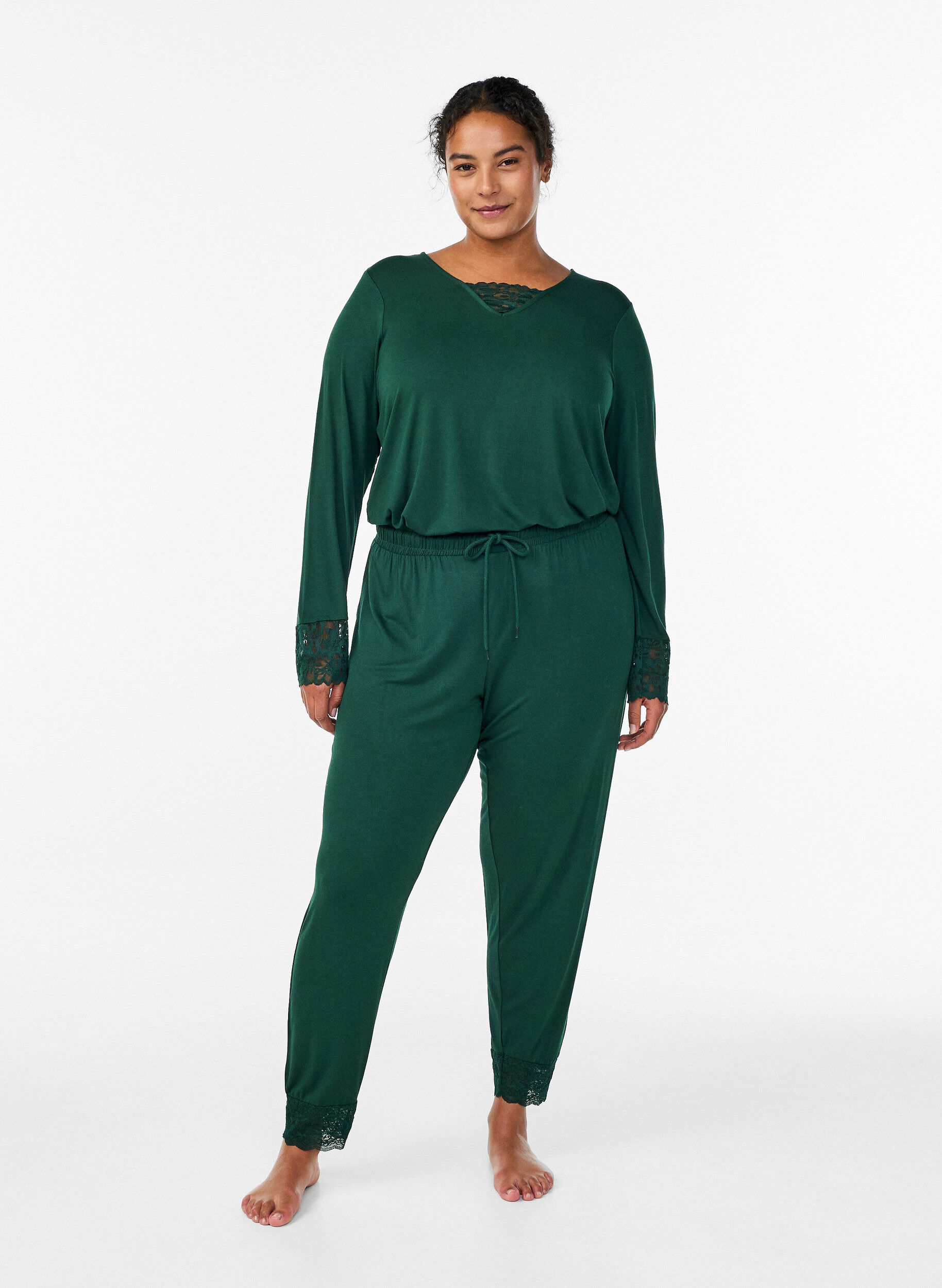 Pyjamabroek met kanten rand en high waist, Groen, Model