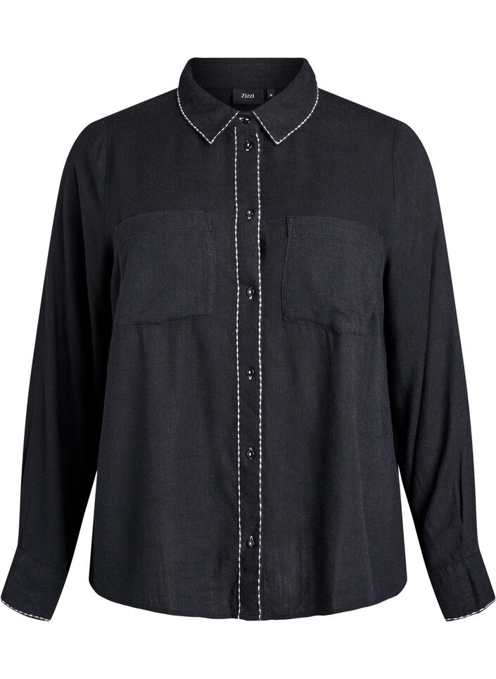 Blouse met contraststiksel en borstzakken, Zwart, Packshot image number 0