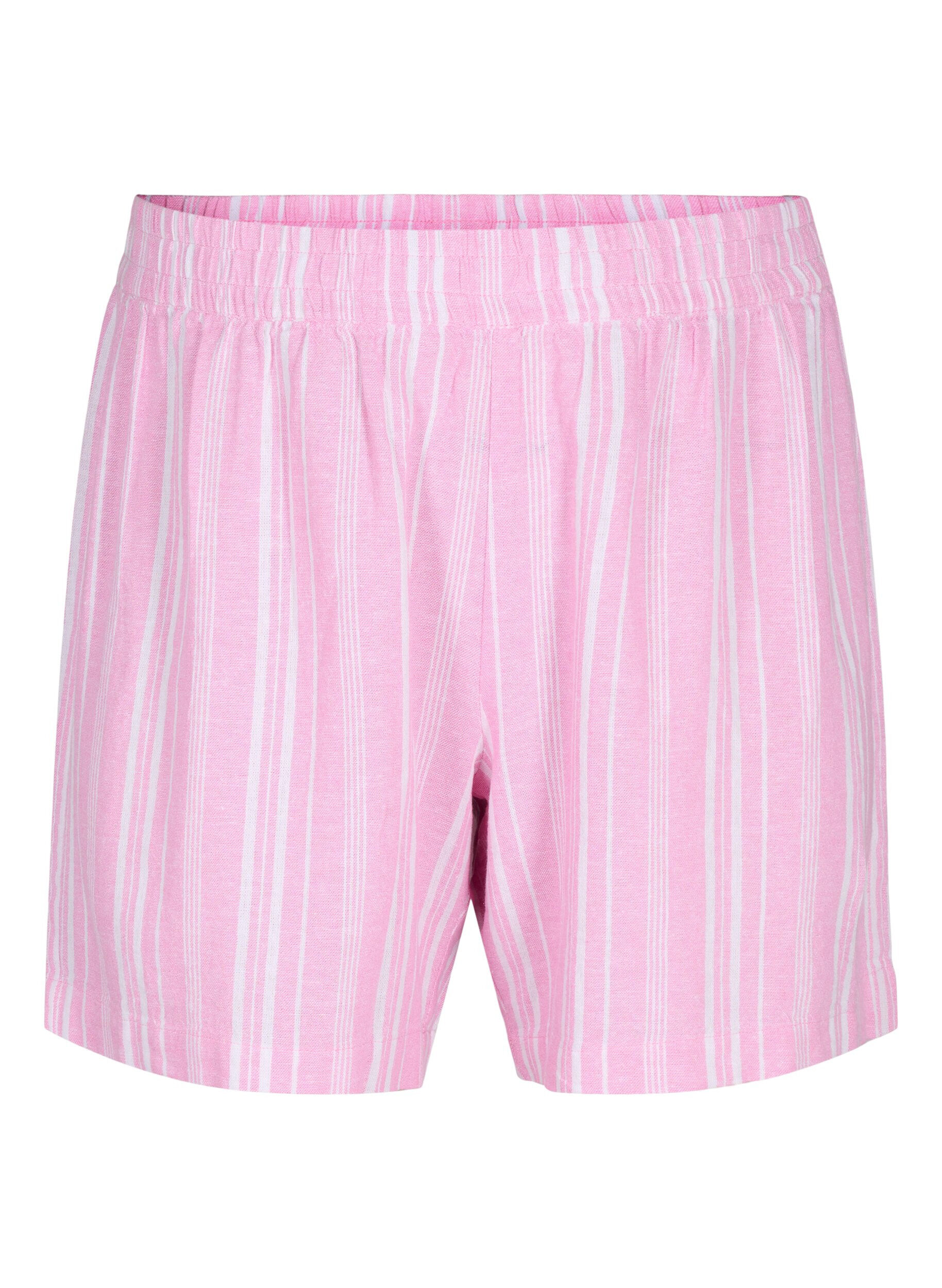 ZizziGestreepte korte broek van linnen en viscose, Roze, Packshot image number 0