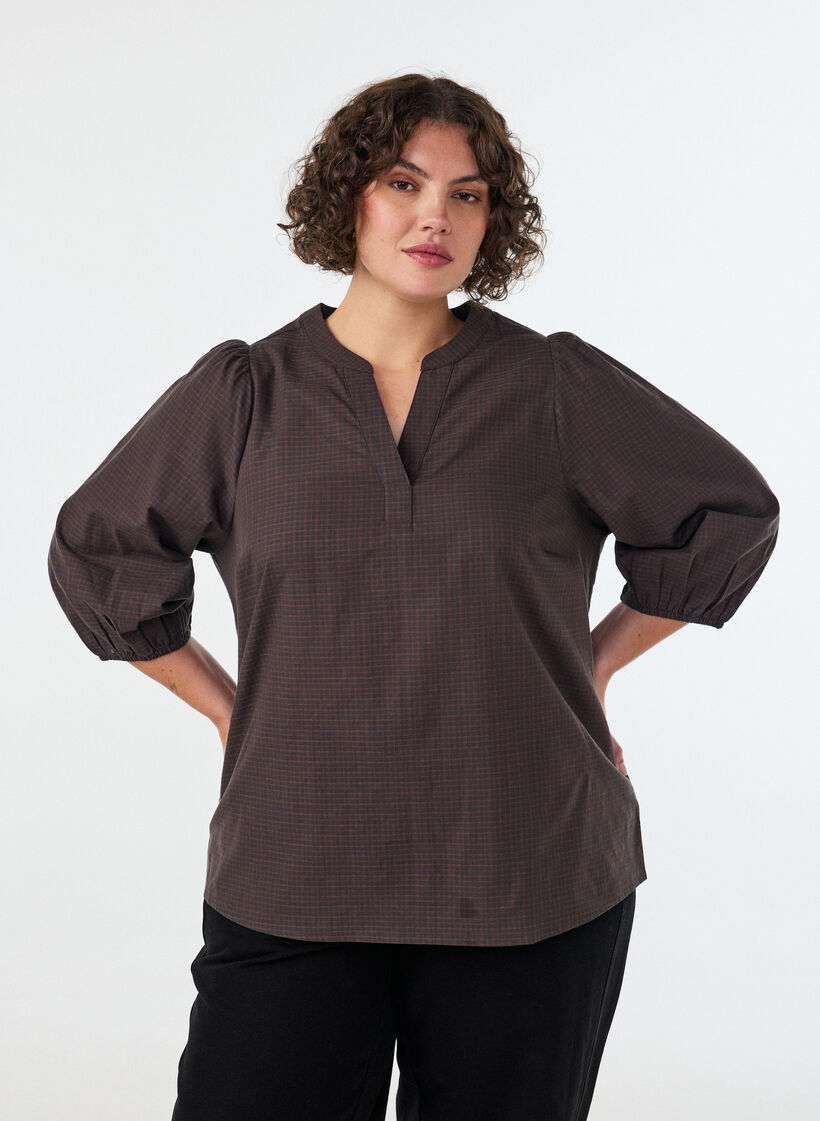 Blouse met ruitdessin, V-hals en 3/4-mouwen, Bruin, Model image number 0