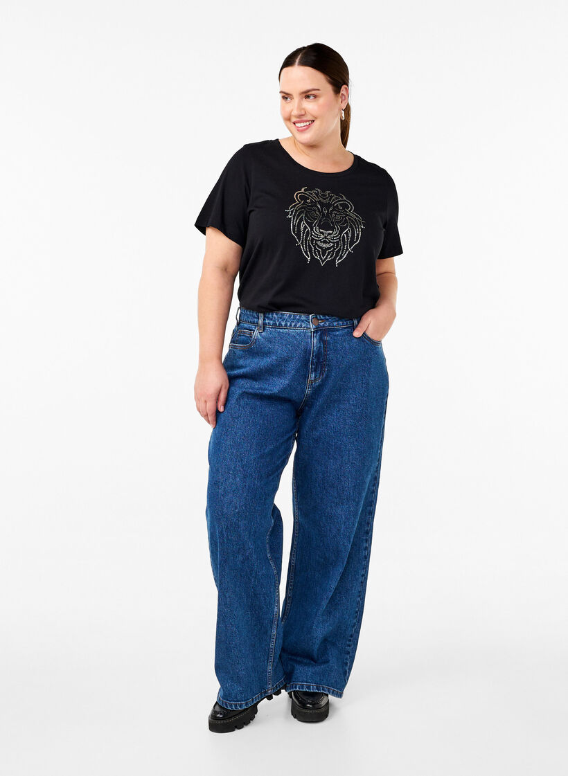 Katoenen T-shirt met opdruk, Black w. Silverlion, Model image number 2