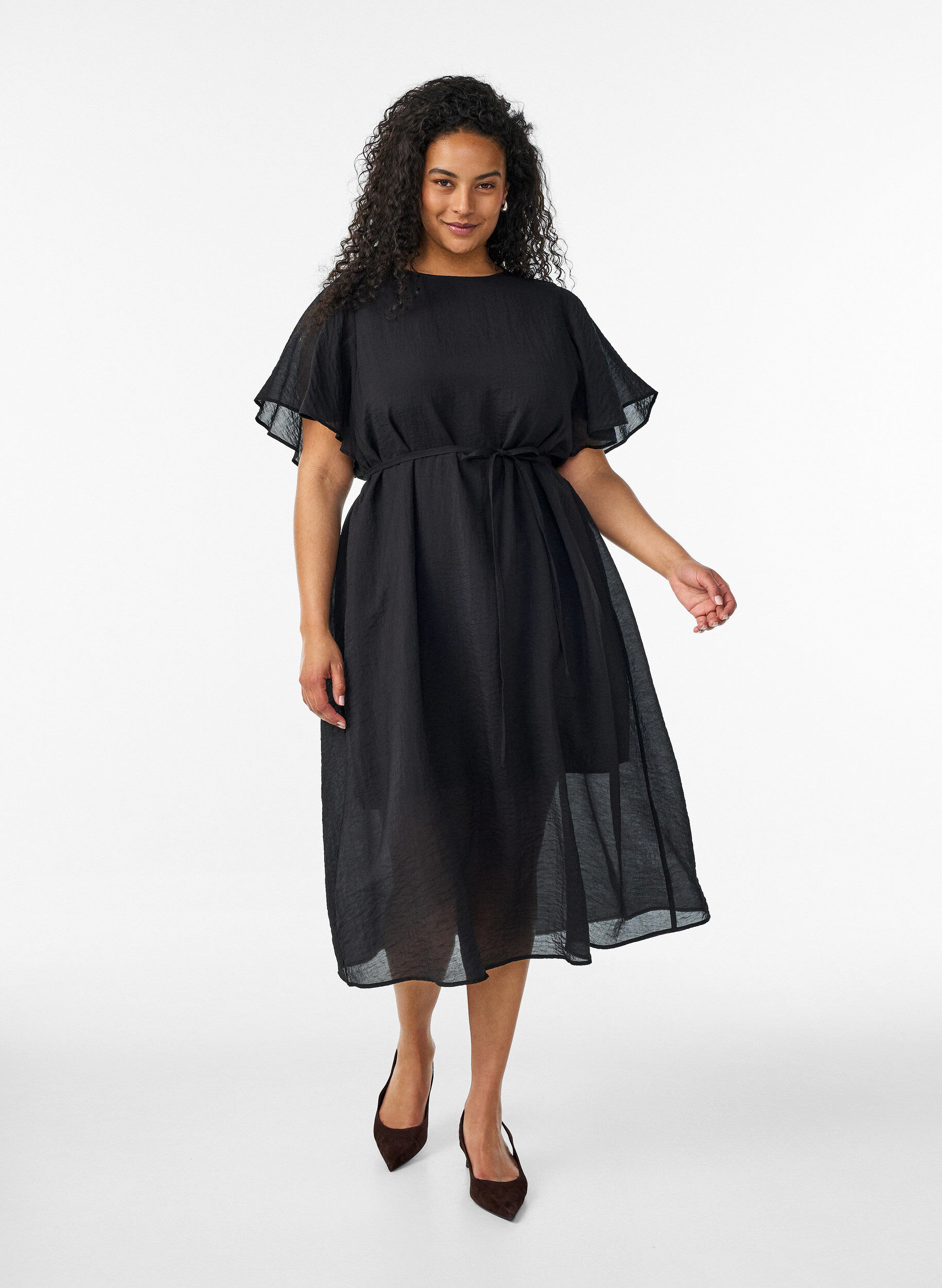 Enkellange jurk met vlindermouwen en strikceintuur, Zwart, Model