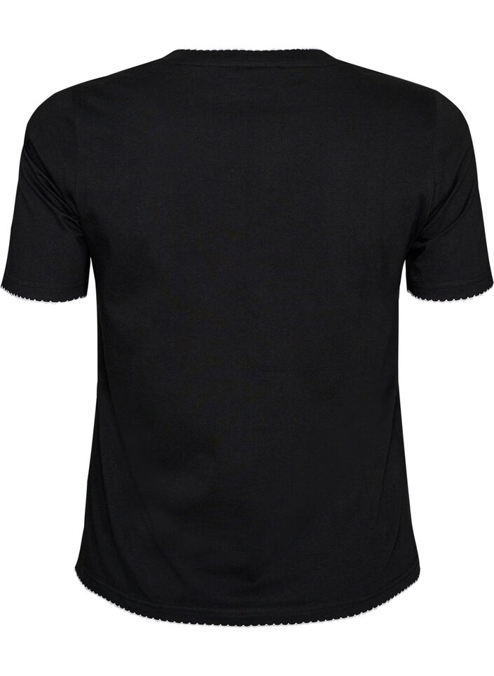 T-shirt en coton avec bords ondul&eacute;s contrastants, Noir, Packshot image number 1