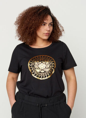 Katoenen t-shirt met goudkleurig print, Black, Model image number 0