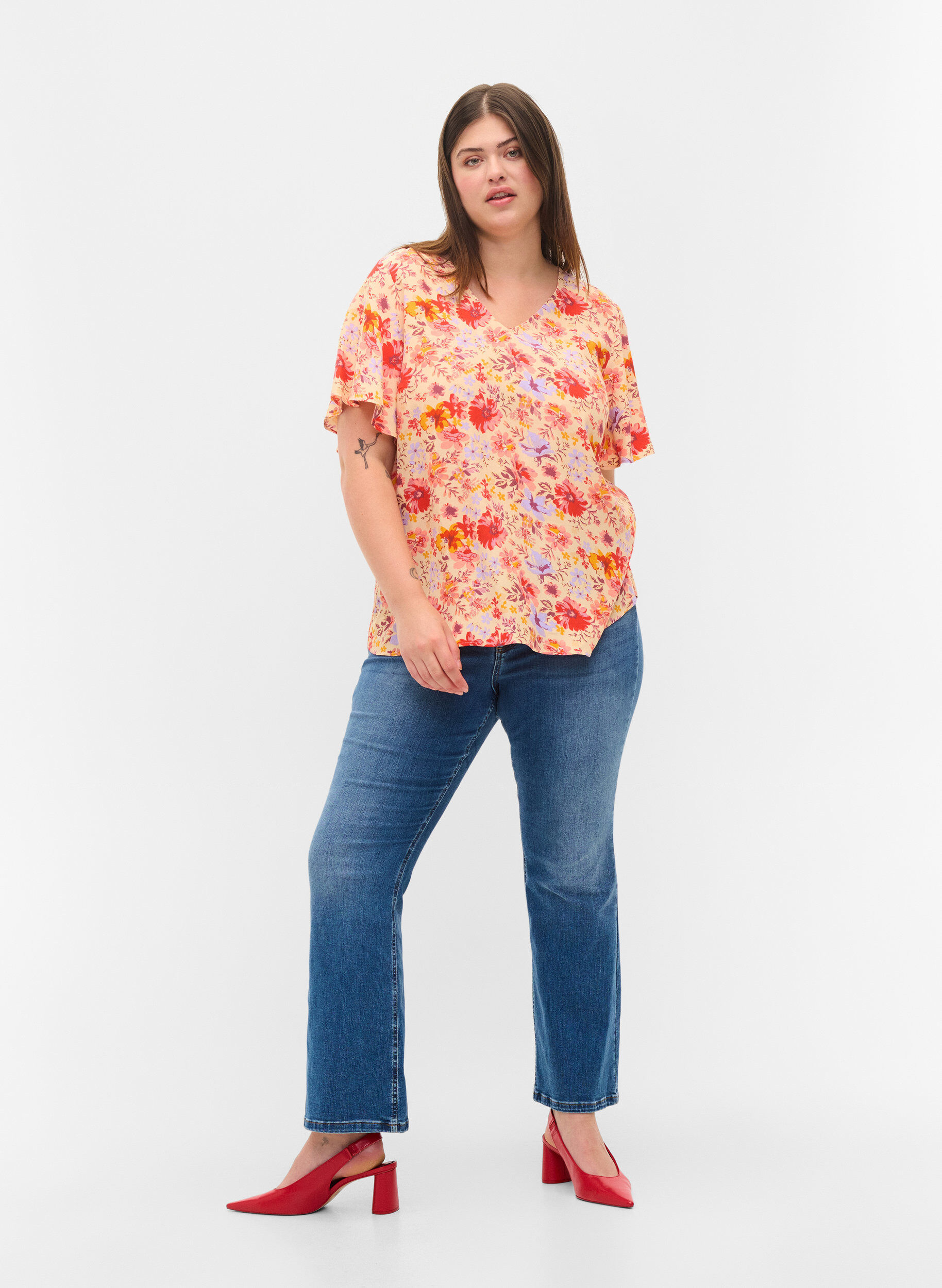 ZizziViscose top met korte mouwen en bloemenprint, Red Orange AOP, Model image number 2