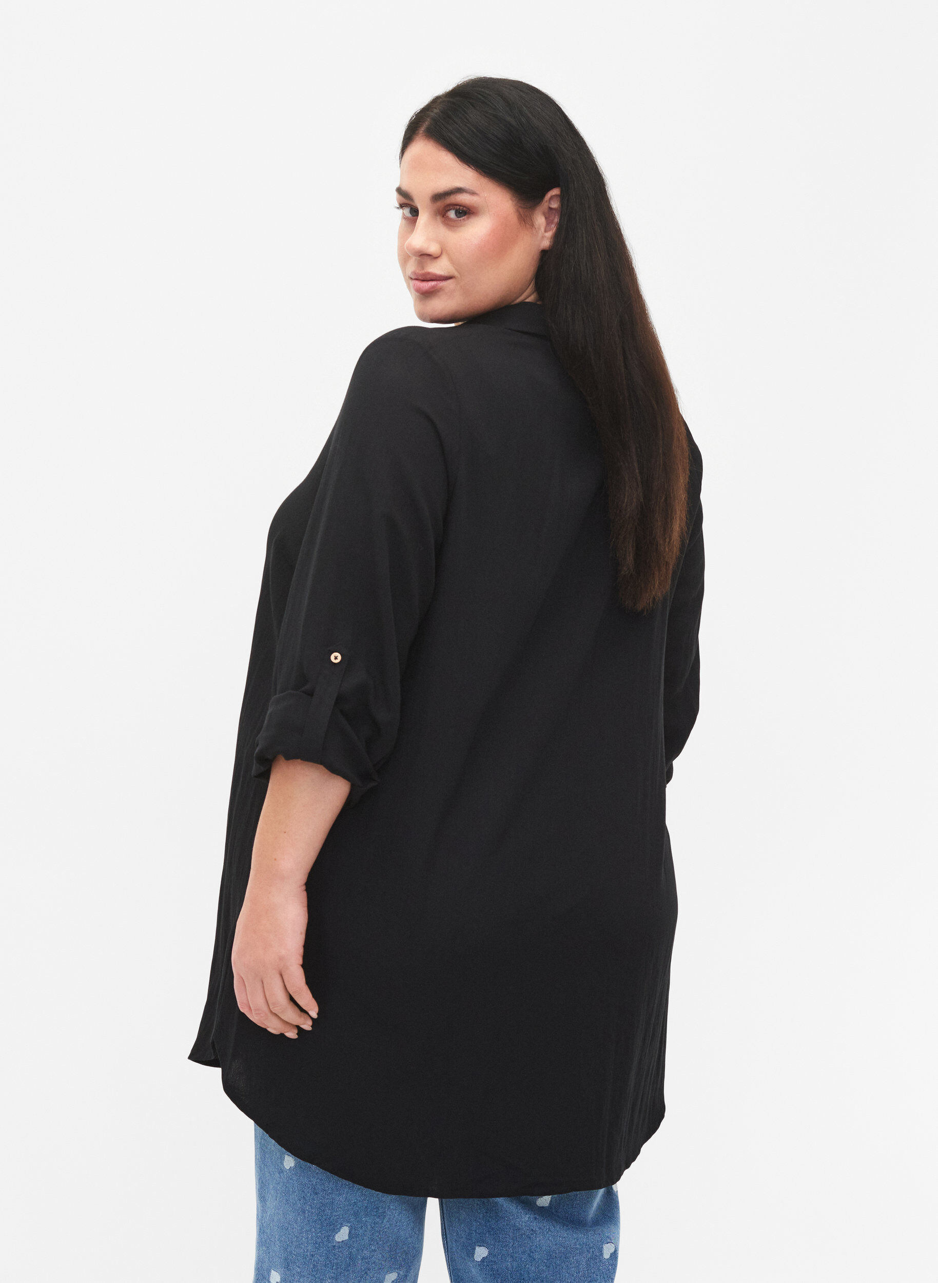 ZizziLang effen overhemd van viscose, Black, Model image number 1