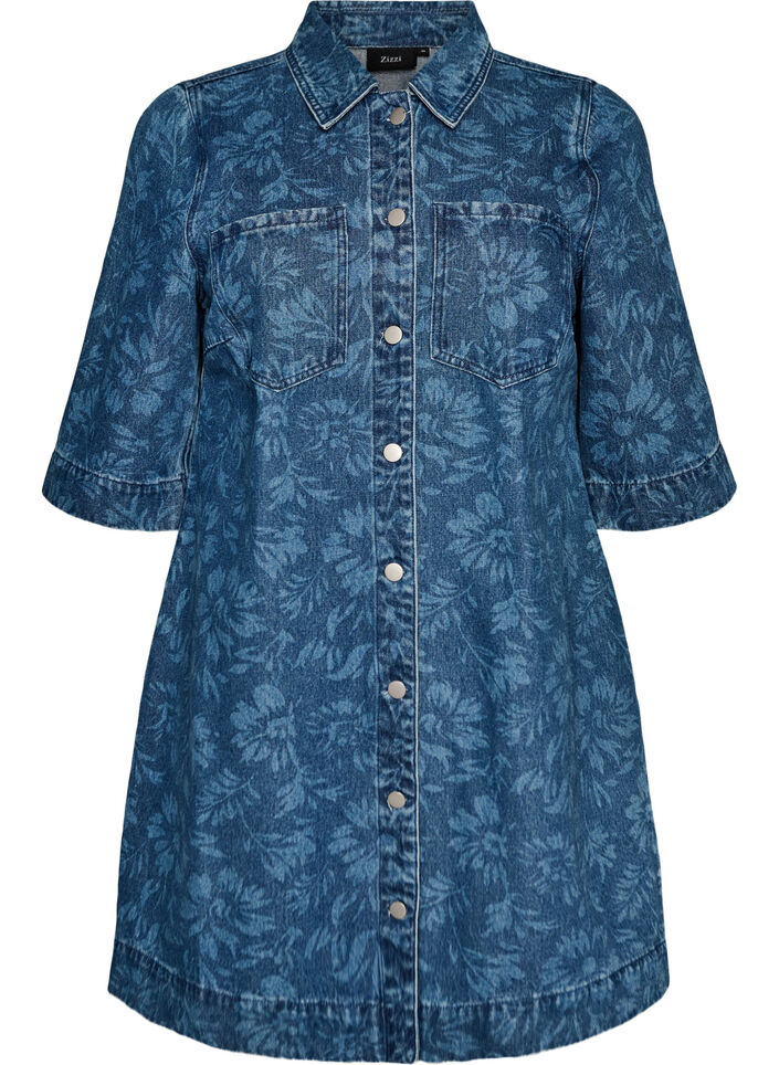 Denimjurk met bloemenprint en borstzakken, Blauw, Packshot image number 0