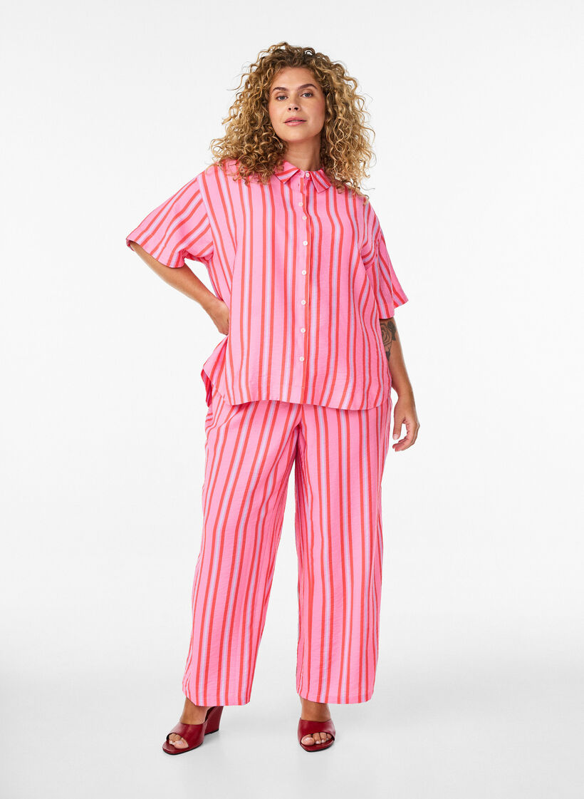 Gestreepte broek met hoge taille en wijde pijpen, Roze, Model image number 0