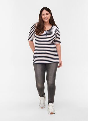 T-shirt côtelé rayé en coton, Blue Rose Stripe, Model image number 2
