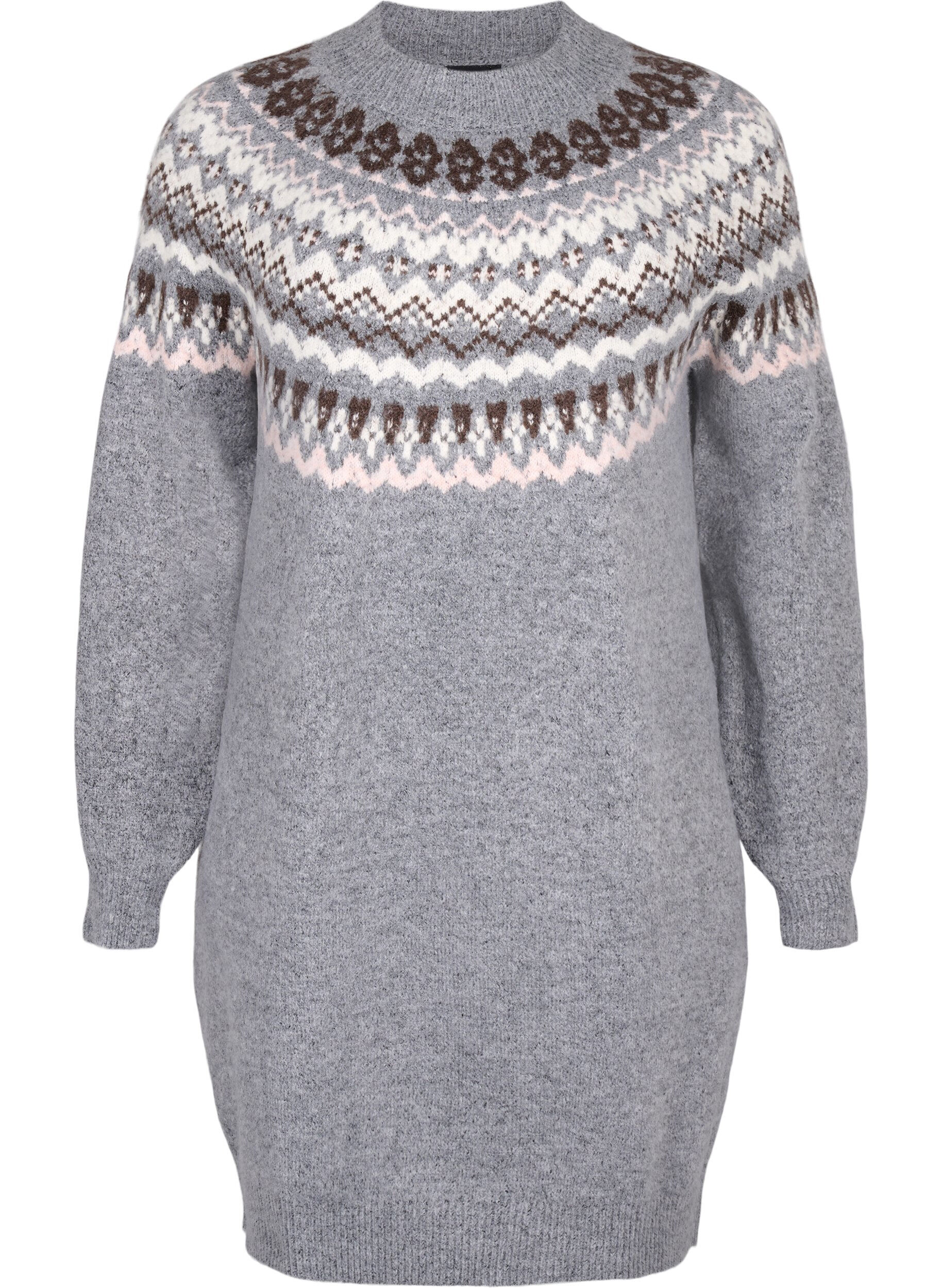 ZizziGebreide jurk met jacquardpatroon en lange mouwen, Medium Grey Comb, Packshot image number 0