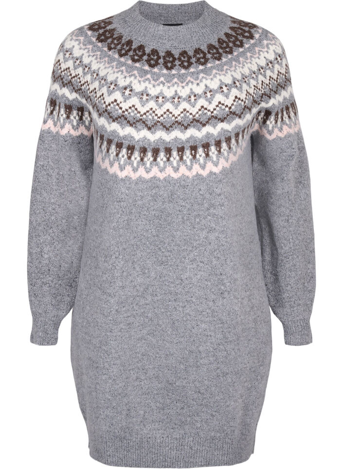 Gebreide jurk met jacquardpatroon en lange mouwen, Medium Grey Comb, Packshot image number 0