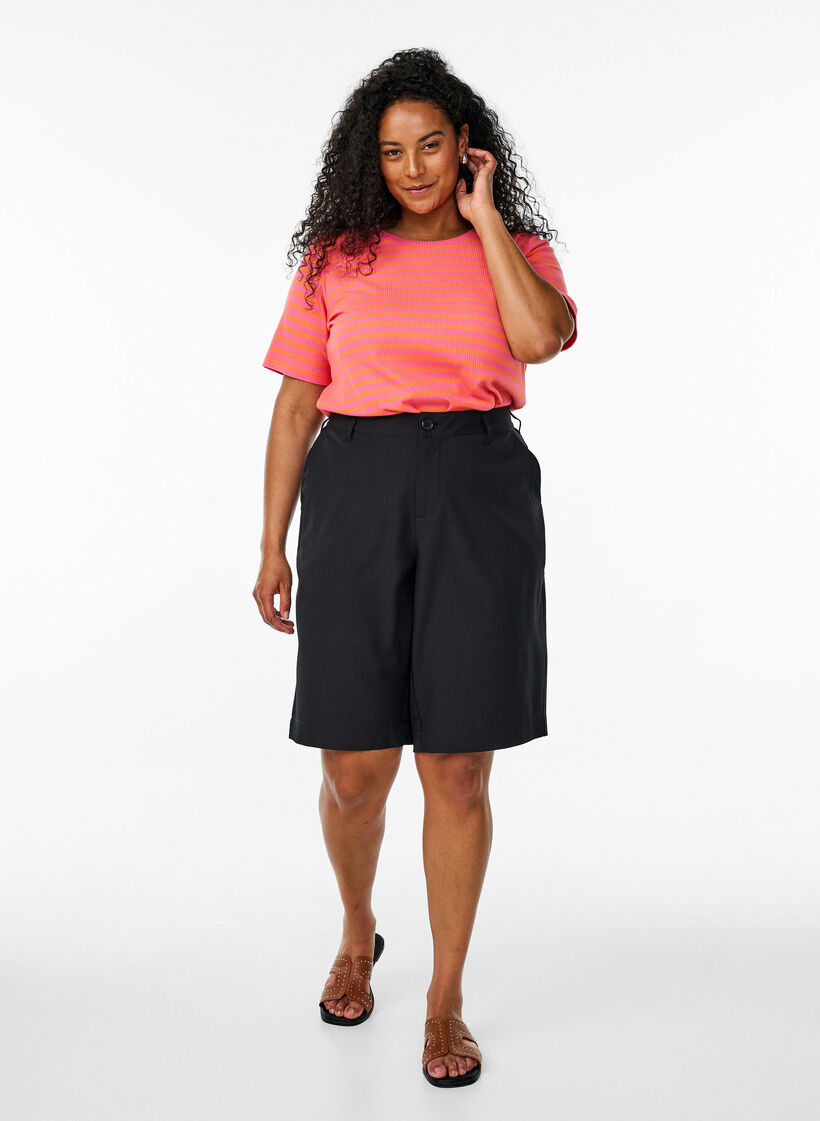 Gestreept T-shirt met geribbelde textuur, Oranje, Model image number 1