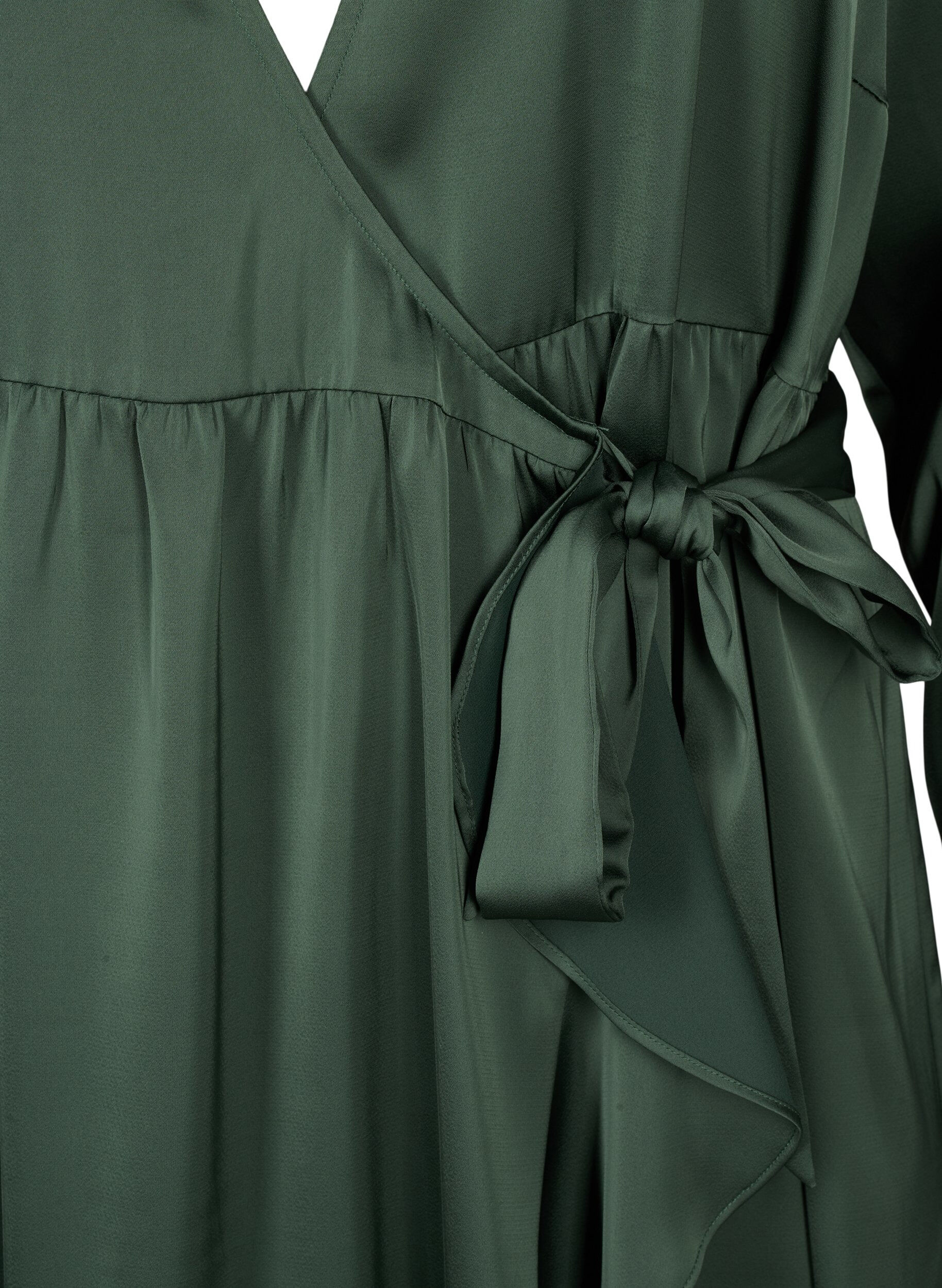 Zizzi Robe portefeuille en satin &agrave; manches longues, Duck Green, Packshot image number 2