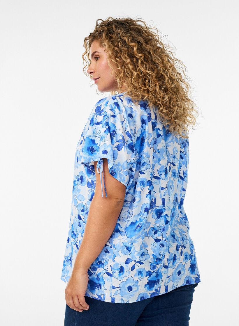 Viscose blouse met geplooide mouwen, Blauw, Model image number 2