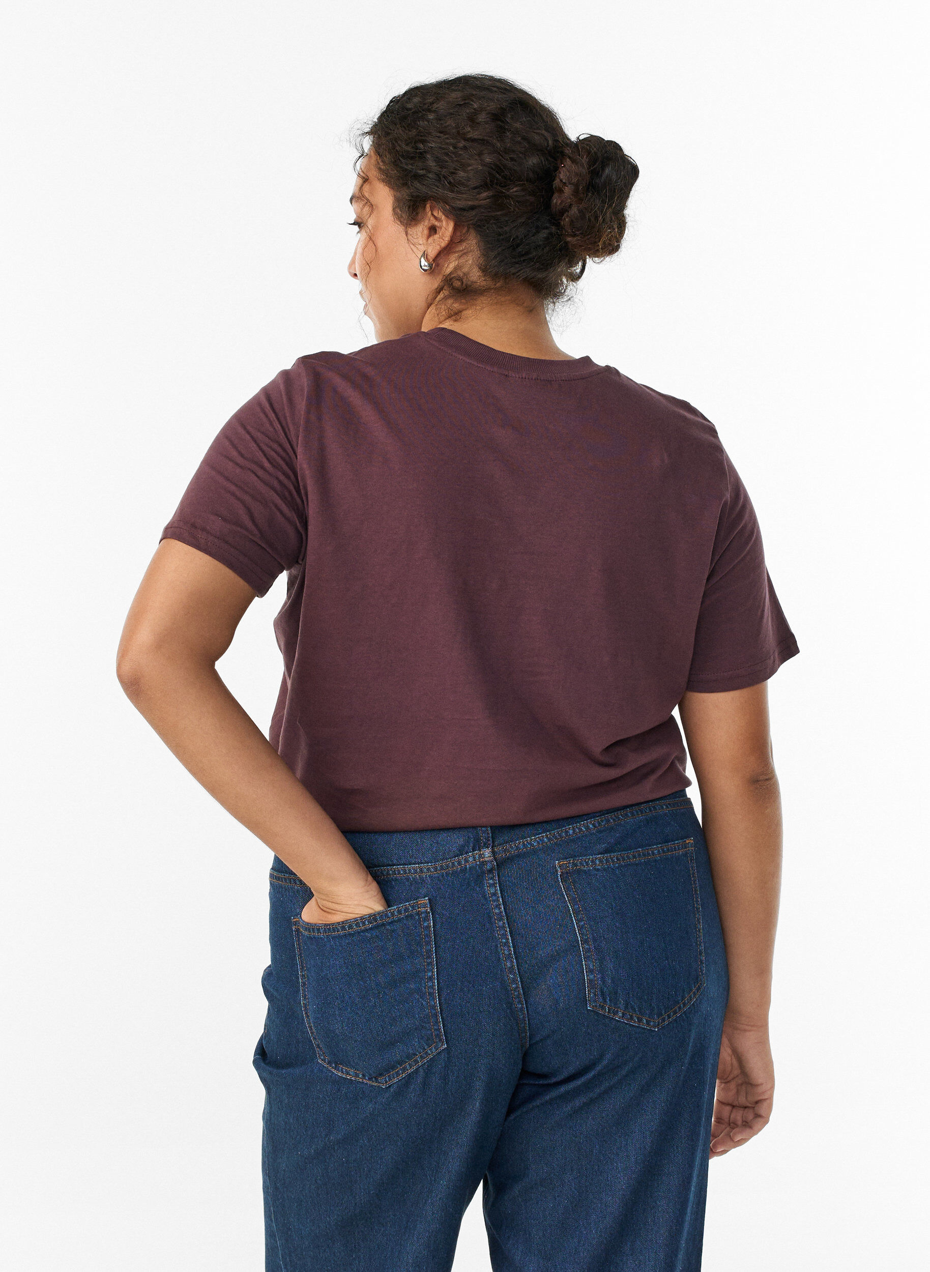 ZizziBasic katoenen T-shirt met ronde hals, Donker Bordeaux, Model image number 2