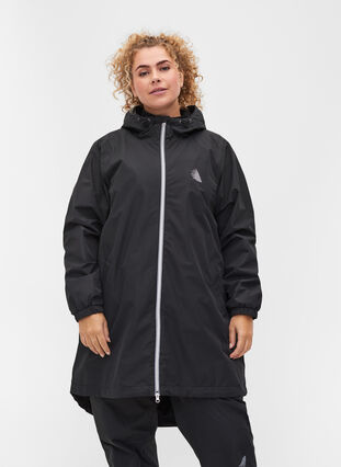 Veste de pluie à capuche avec bande réfléchissantes, Black, Model image number 0