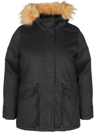 Short parka jacket with faux-fur hood, Black, Packshot image number 0