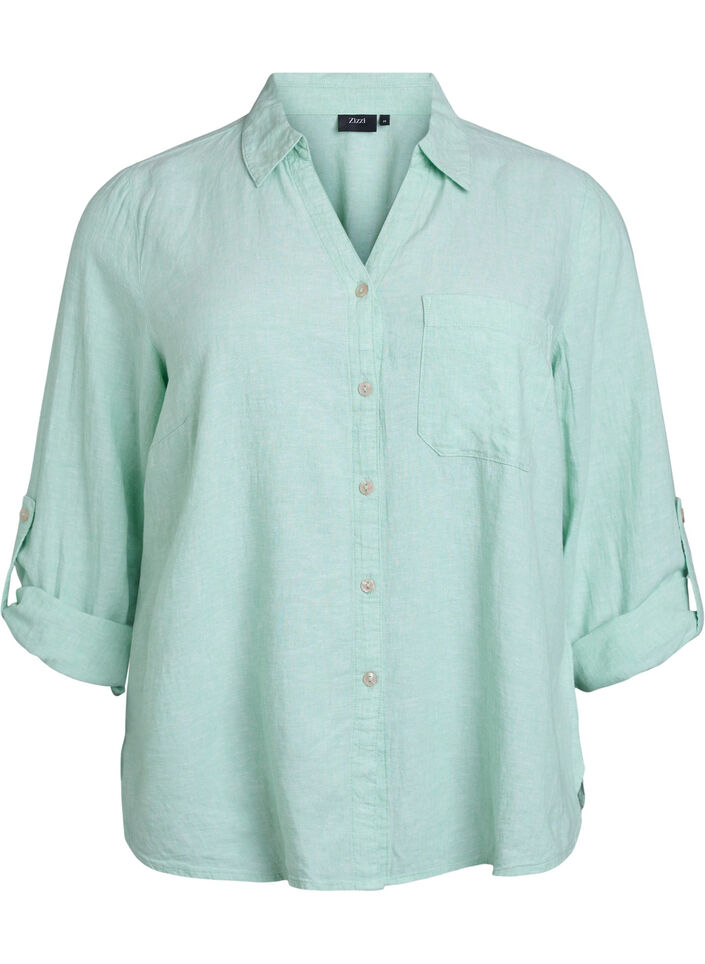 Chemise en lin et viscose avec manches 3/4, Vert clair, Packshot image number 0