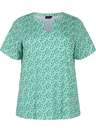 T-shirt en coton à fleurs avec col en V, Jolly Green AOP, Packshot image number 0
