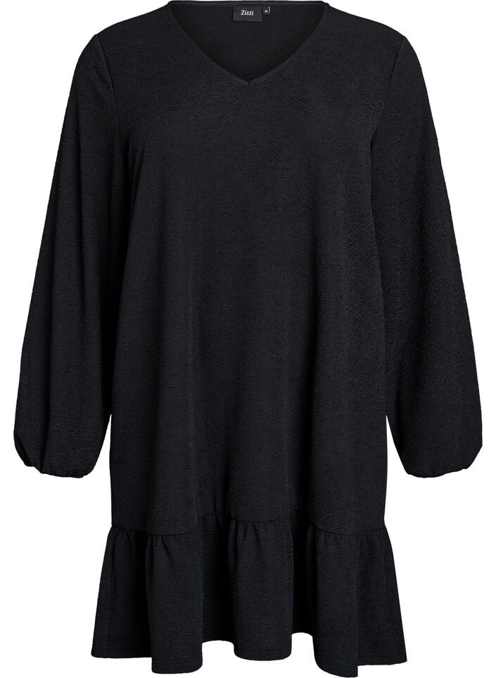 Korte jurk met een ruffle zoom en structuur, Zwart, Packshot image number 0