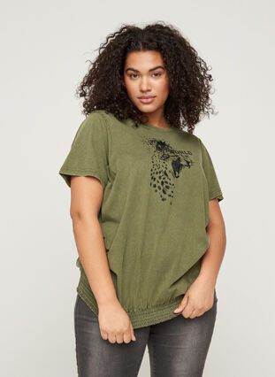 T-shirt met korte mouwen, acid wash en smokwerk, Ivy Green acid wash, Model image number 0