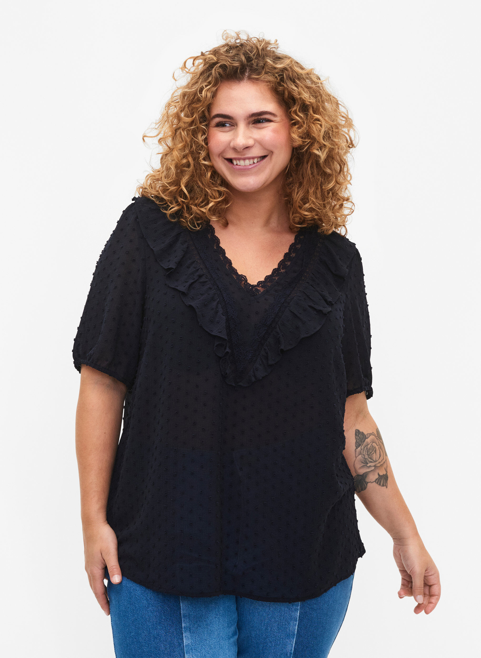 ZizziBlouse met korte mouwen en gestippelde structuur, Night Sky, Model image number 0